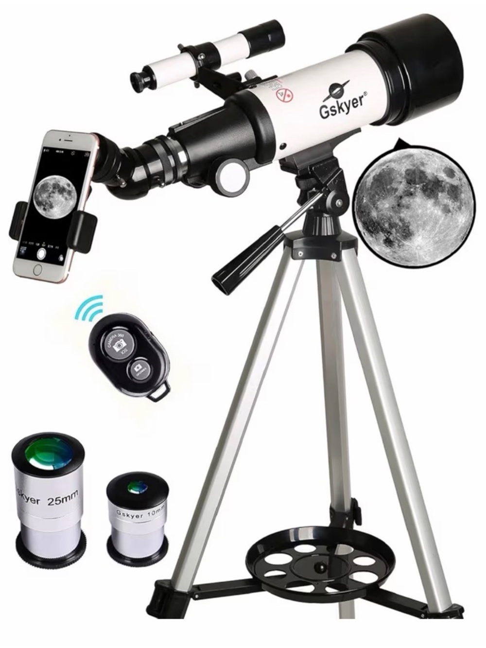 White and Black Refractor Telescope with Smartphone Adapter